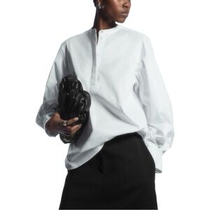 COS Sweden GATHERED GRANDAD-COLLAR BLOUSE poplin white sz 10 modern luxe